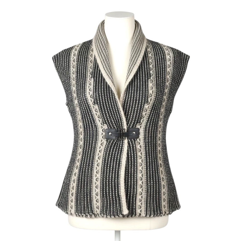 Chic-Knits Striped Sweater Vest with Faux Leather Buckle